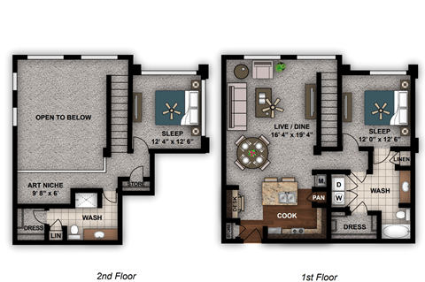 two floor plans of a room with two different floors